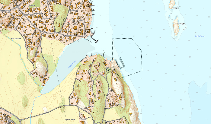 Båthavna er tenkt i Lahellfjorden (Tønsbergfjorden) på østsiden av Østerøya i Sandefjord