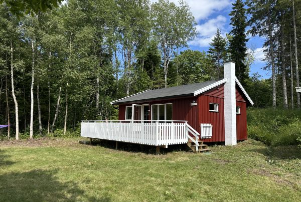 Bilde av en liten, rød hytte med en hvit terrasse foran. I forkant er det en grønn gressplen, og i bakgrunnen er det skog.