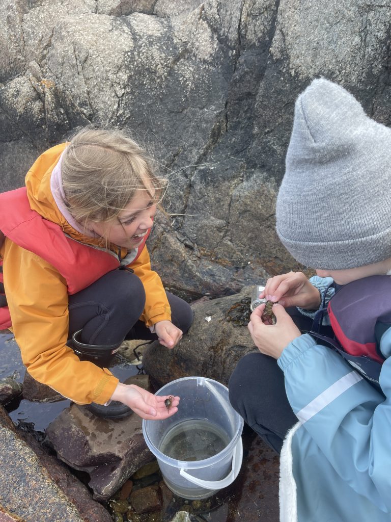 To barn sitter bøyd over en bøtte med vann. De holder hver sin lille strandkrabbe i hånda. Vi ser bare ansiktet til det ene barnet, som smiler og ser på den ene krabben.